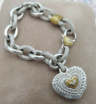Judith Ripka Rare 18k Gold & 925 Silver Diamond Heart Charm Bracelet 77grams