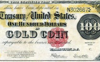 Hgr Saturday 1922 $100 Rare ( (gold Certificate))  Appears Near Uncirculated