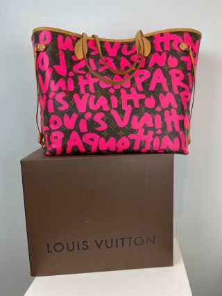 Louis Vuitton Monogram Neon Pink Graffiti Neverfull Gm Large Tote Bag Rare