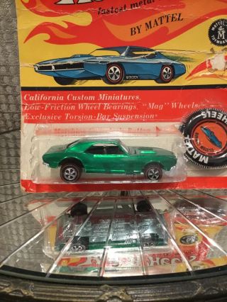 1968 Hot Wheels Redline Green Custom Camaro Rare Cheetah Card Blister