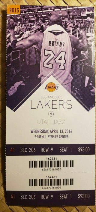 Kobe Bryant Final Game Ticket Los Angeles Lakers V.  Jazz 60 Points 4/13/16 Rare
