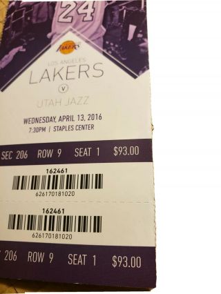 Kobe Bryant Final Game Ticket Los Angeles Lakers v.  Jazz 60 Points 4/13/16 RARE 3