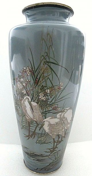 Rare Antique Japanese Meiji Cloisonne Enamel Gray Crane Signed 12 " Large Vase