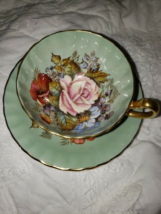 Spectacular And Rare Aynsley Cabbage Rose Teacup And Saucer - Seafoam - Sage