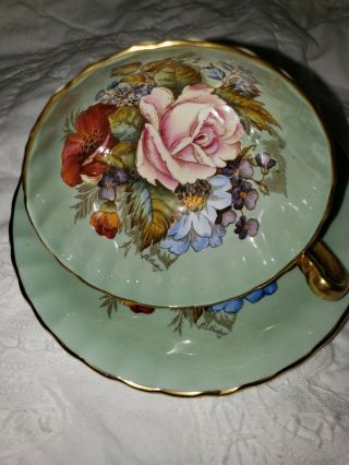 SPECTACULAR and RARE Aynsley Cabbage Rose Teacup and Saucer - SEAFOAM - SAGE 2