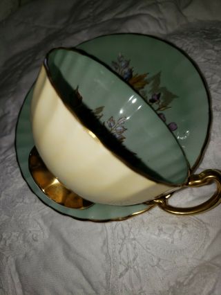 SPECTACULAR and RARE Aynsley Cabbage Rose Teacup and Saucer - SEAFOAM - SAGE 3