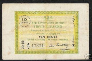 Straits Settlements 10 Cents P - 6 C 1919 Rare Malaysia Singapore Currency Note