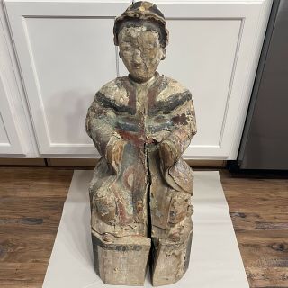 Rare Ancient Chinese Or Japanese Antique Wood Carved Statue 30” Tall " Read Desc "