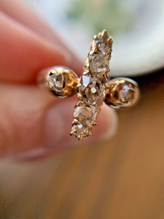 Antique 14k Gold Mine Cut Green Diamonds Victorian Navette Ring Chunky Band Rare