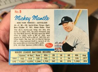 1962 - Post - Cereal - Baseball - Card - Set - 5 - Mickey - Mantle - Rare - Vintage -