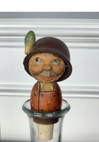 Rare Vintage Anri Hand Carved Wood Bottle Stopper - 2 Faces Brown Hat Flipper