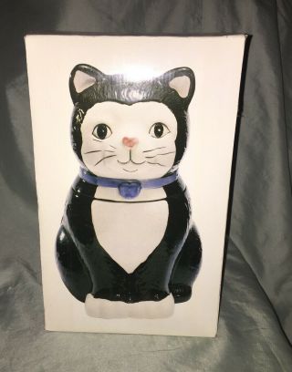 RARE Vintage Black and White Cute Cat With Blue Collar Cookie Jar Discontinued 2