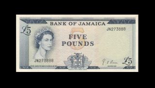 1960 British Colony Jamaica 5 Pounds Qeii X - Rare ( (aunc/unc))
