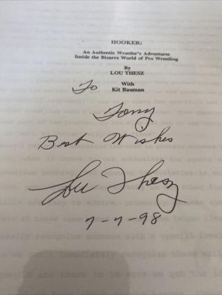 Lou Thesz Autograph Signed 1995 Hooker: An Authentic Wrestler ' s Adventures RARE 2