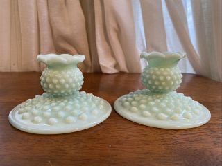 Rare Fenton Candle Holders Set Of 2 1950s Green Pastel Hobnail