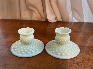 Rare Fenton Candle Holders Set of 2 1950s Green Pastel Hobnail 2