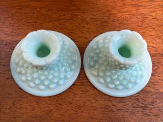 Rare Fenton Candle Holders Set of 2 1950s Green Pastel Hobnail 3