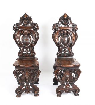Antique Rare & Unusual Pair Carved Italian Walnut Sgabello Hall Chairs 19th C