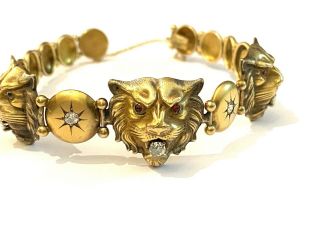 Victorian English Gold Lion Heads (8 ") Bracelet Mine Cut Diamonds Ruby Rare