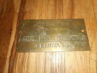 Rare American Lafrance Type 10 Fire Engine Co Truck Brass Builders Plate Sign