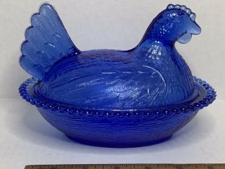 Authentic Indiana Glass Hen On Nest - Cobalt Blue Chicken Rare