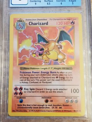 1999 Charizard Shadowless Holo Base Set Pokemon Card.  Rare.  4/102 Psa.  Cgc 6