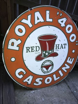 Rare 48” Red Hat Gasoline Double Sided Porcelain Sign