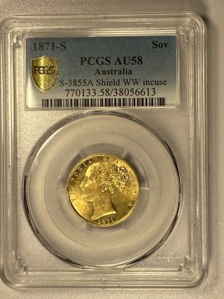 Australia Victoria Gold Sovereign 1871 S Shield Ww Incuse Au58 Pcgs Rare