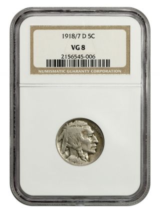 1918/7 - D 5c Ngc Vg - 8 - Rare Overdate - Buffalo Nickel - Rare Overdate