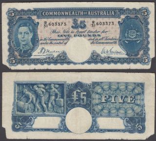 Australia 5 Pounds Nd 1939 (vg) Banknote P - 27a Kgvi Rare