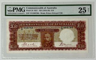 Australia 10 Pounds P24 1934 - 36 Riddle Sheehan Pmg25 Very Fine / Very Rare