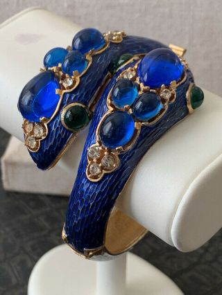 RARE vintage Crown TRIFARI L ' Orient blue enamel & jewels SNAKES Bangle Bracelet 3