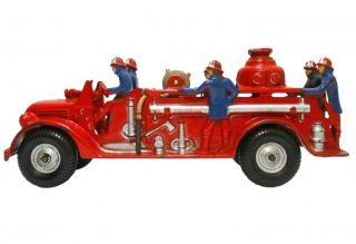 Very Rare Arcade Vint Enml Pntd Cast Iron Fire Engine W/firemen,  Balloon Tires