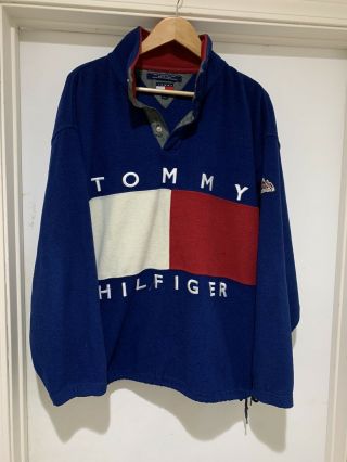 Vintage 90s Tommy Hilfiger Outdoors Big Flag Sweater Fleece Rare L Spell Out Rap