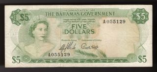 Bahamas,  5 Dollars 1965.  (green),  Pic 20a.  (very Rare)