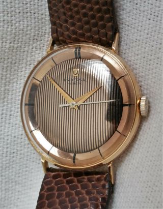 Vintage Rare Universal Geneve Mechanical Watch,  18k Solid Gold,  Pinstripe Dial