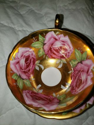 STUNNING and RARE Aynsley GOLD - 9 Pink Cabbage Roses Teacup and Saucer - 2