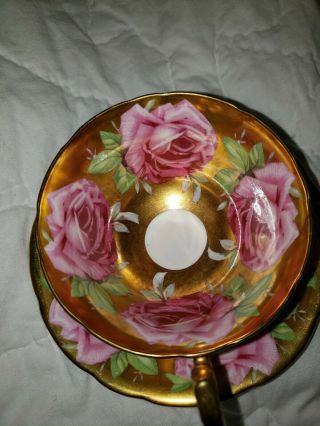 STUNNING and RARE Aynsley GOLD - 9 Pink Cabbage Roses Teacup and Saucer - 3