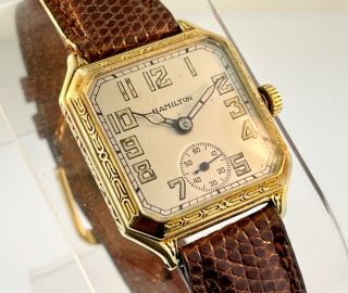 Rare Vtg 1920s Hamilton “square Engraved” 14k Solid Green Gold Art Deco Watch
