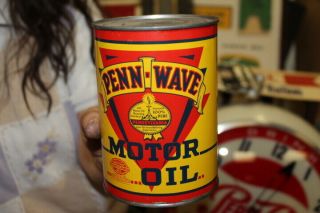 Rare Vintage Penn Wave 1 Quart Metal Motor Oil Can Gas Station Sign