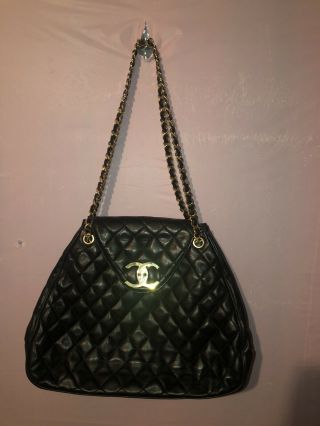 Chanel Vintage Rare Trapezoid Jumbo Black Quilted Leather Chain Link Flap