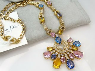 Rare Christian Dior Vtg Mogul Pastel Crystal Gemstone Runway Big Collar Necklace