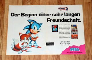 1992 Sonic The Hedgehog 2 Sega Genesis German Very Rare Vintage Poster 30x42cm