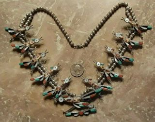 Vintage Zuni Indian Roadrunner Bird Squash Blossom Necklace Sterling,  Very Rare
