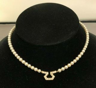 Rare Vintage Dankner Pearl & 14k Yellow Gold Necklace W/ Omega Diamond Pendant