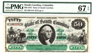 1872 $50 The State Of South Carolina,  Pmg 67epq Gem Uncirculated - Rare
