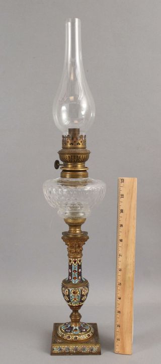 Rare Antique 19thc French Bronze Champleve Enamel & Cut Glass Kerosene Lamp