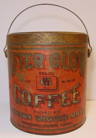 Large Rare Old Vintage 1910s After Glow Coffee Tin 4 Pound Marshalltown Iowa