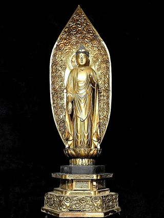 Rare Antique Japanese Shrine Temple Wood Gold Gilt Standing Buddha Statue