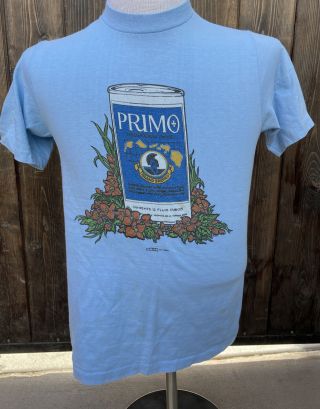Vintage 1975 Primo Hawaiian Beer Surf Blue T - Shirt Size M Made In Hawaii Rare